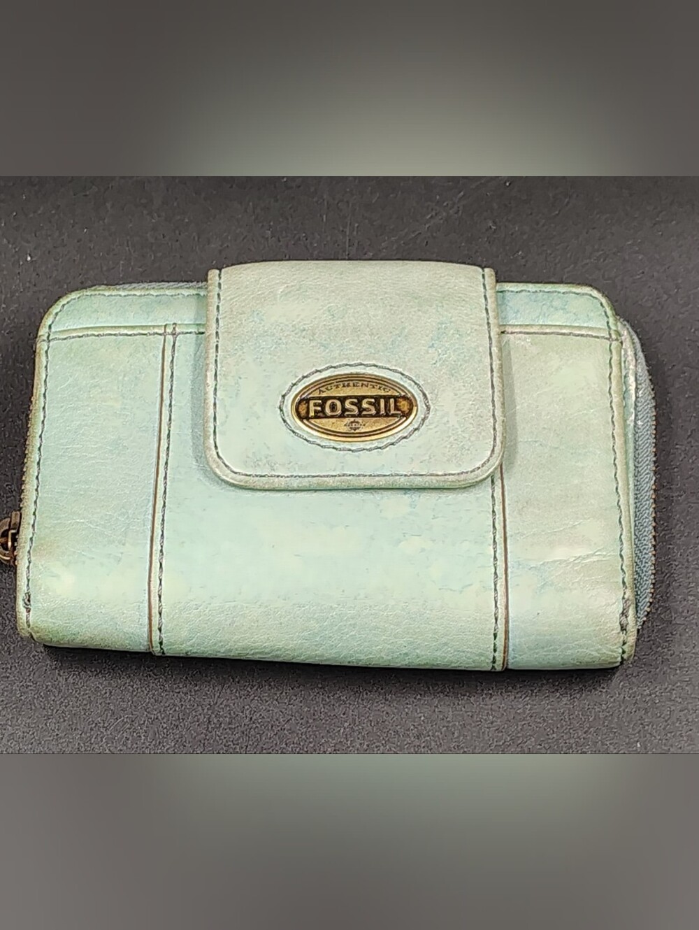 Fossil Light Mint Leather Zip & Snap Wallet